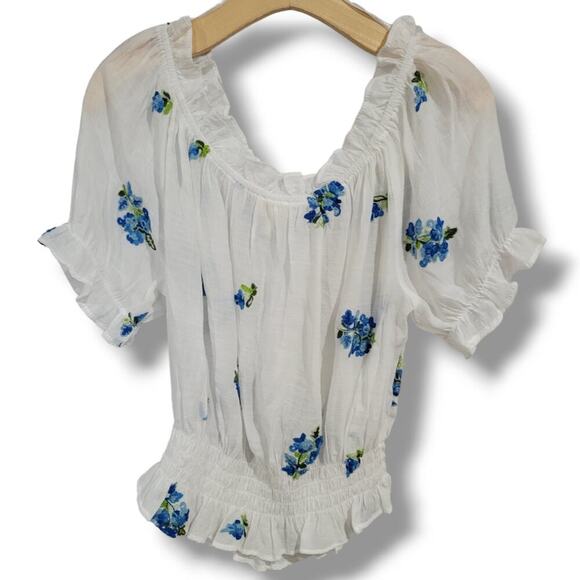 Meraki Women’s White Blue Floral Boho Peasant Blouse - Medium - Picture 4 of 7